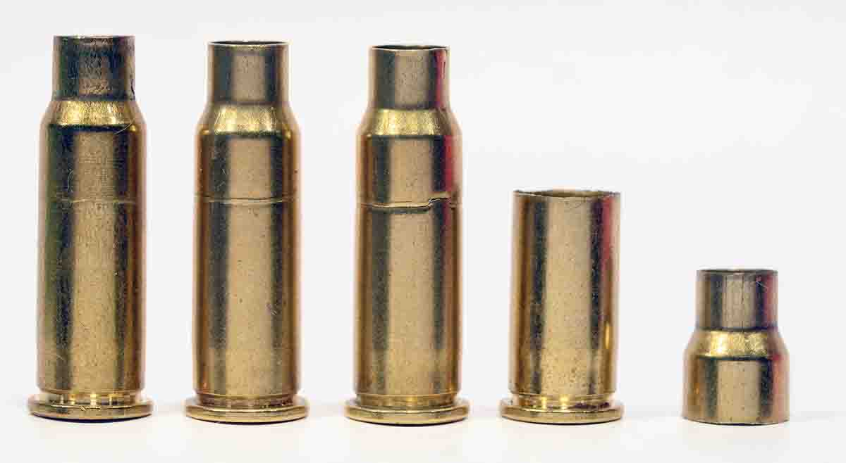 Progressive stages of case separation in .256 Winchester Magnum brass with signs visible on the outside. The telltale ring appears on the inside of the case before the outside and can be detected with the borescope.